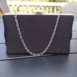 Vintage Black Evening Bag Purse, Silver Chain Strap, Hinged Opening, Clo…